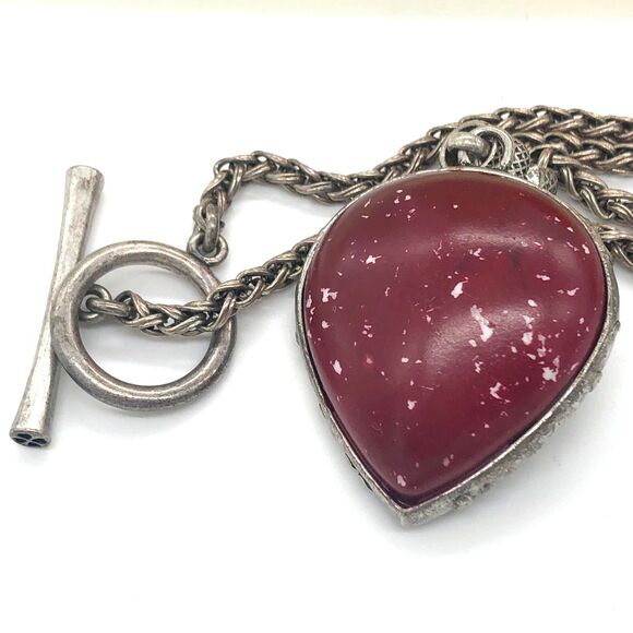 Vintage Made in Japan Silver Chain Necklace w/ Deep Red Stone Teardrop Pendant - Picture 4 of 6